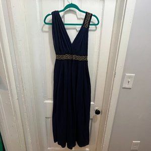 Grecian dress with navy blue and gold